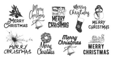 Vector engraved style illustration with typography for posters, decoration and print. Hand drawn sketch set Christmas and New Year holiday on white background. Detailed vintage etching drawing.