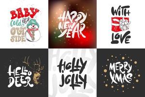 Vector collection of greeting cards, stamps, stickers and posters with hand drawn lettering and engraved illustrations. Sketch set Christmas and New Year holiday. Detailed vintage etching drawing.