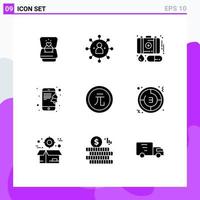 9 Universal Solid Glyphs Set for Web and Mobile Applications coin smartphone share notification medicine Editable Vector Design Elements