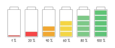 Battery icons set with different level of charge shown in per cents, charge indicator simple cartoon vector illustration, eco-friendly concept