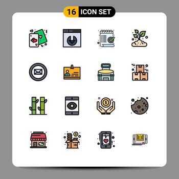 Mobile Interface Flat Color Filled Line Set of 16 Pictograms of mail plant check farming ok Editable Creative Vector Design Elements