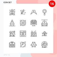 Set of 16 Modern UI Icons Symbols Signs for new year magnifying moustache magnifier men Editable Vector Design Elements