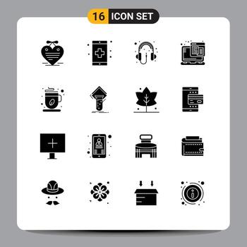 paquete de glifos sólidos de 16 símbolos universales de alojamiento web de café elementos de diseño vectorial editables de auriculares web de salud vector