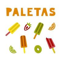 colección tradicional de imágenes prediseñadas de paletas de helados mexicanos. juego de postres de frutas latinoamericanas. ilustración plana vectorial. vector