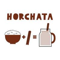 Traditional Mexican and Spanish drink horchata. Rice and cinnamon beverage in mason jar mug formula. Vector flat illustration.