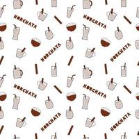 Traditional Mexican and Spanish drink horchata seamless pattern. Rice and cinnamon beverage background. Vector flat illustration.