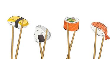 japanese cuisine, hand with chopsticks, asian food. for restaurant menus and posters. delivery sites vector flat illustration isolated on white background. sushi rolls onigiri soy sauce set. stock