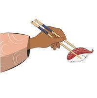 cocina japonesa, mano con palillos, comida asiática. para menús de restaurantes y carteles. sitios de entrega vector ilustración plana aislado sobre fondo blanco. conjunto de salsa de soja onigiri de rollos de sushi. valores