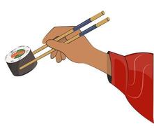 japanese cuisine, hand with chopsticks, asian food. for restaurant menus and posters. delivery sites vector flat illustration isolated on white background. sushi rolls onigiri soy sauce set. stock