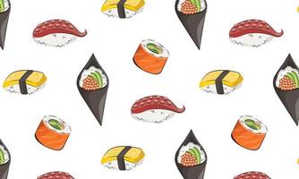 cocina japonesa, comida. ilustración plana de patrón vectorial aislada sobre fondo blanco. rollos de sushi onigiri salsa de soja conjunto de patrones sin fisuras. imagen de stock. para menús de restaurantes y carteles. entrega vector