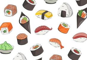 cocina japonesa, comida. ilustración plana de patrón vectorial aislada sobre fondo blanco. rollos de sushi onigiri salsa de soja conjunto de patrones sin fisuras. imagen de stock. para menús de restaurantes y carteles. entrega vector