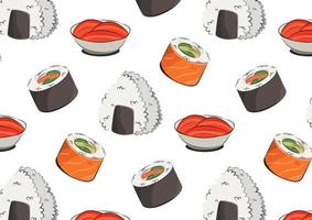 apanese cuisine, food. vector pattern flat illustration isolated on white background. sushi rolls onigiri soy sauce set seamless pattern. stock picture. for restaurant menus and posters. delivery