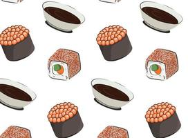 apanese cuisine, food. vector pattern flat illustration isolated on white background. sushi rolls onigiri soy sauce set seamless pattern. stock picture. for restaurant menus and posters. delivery