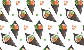 apanese cuisine, food. vector pattern flat illustration isolated on white background. sushi rolls onigiri soy sauce set seamless pattern. stock picture. for restaurant menus and posters. delivery