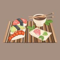 Asian Traditional food with chopsticks, sauce, leaves. Japanese kawaii nigiri sashimi with fish, shrimp, seafood, avocado on porcelain plate. Vector flat illustration for menu,  cooking concept