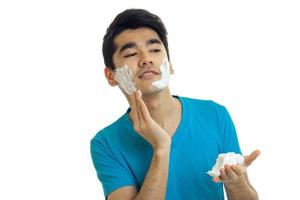 young brunette does shaving foam face photo