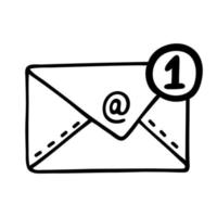 nueva notificación. icono de vector sencillo. un mensaje entrante. garabato dibujado a mano aislado en blanco. carta, sobre, correo electrónico, signo de sms. boceto, contorno negro. clipart para logo, aplicaciones, redes sociales, web