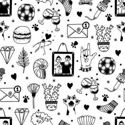 Male friendship seamless vector pattern. Friends, colleagues, team. Symbols of good relations - photos, football, karaoke, rock music, drinking. Hand drawn doodles. Background for cards, posters, web