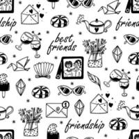 Friendship seamless vector pattern. Friends, colleagues, team. Symbols of good relations - photos, wine, tea, sweets, letters. Teenage girlfriends. Hand drawn doodles. Background for cards, posters