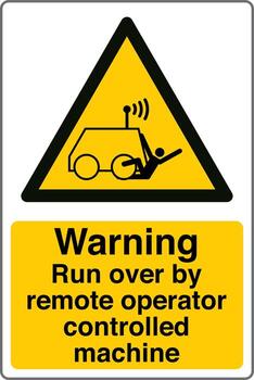 señal de seguridad marcado etiqueta símbolo pictograma normas advertencia atropellado por máquina controlada por un operador remoto vector