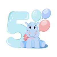 Cute baby boy hippo. Birthday invitation. Five years, 5 months. Happy birthday. vector