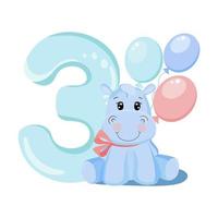 Cute baby boy hippo. Birthday invitation. Three years, three months. Happy birthday. vector