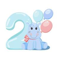 Cute baby boy hippo with balloons. Birthday invitation. Two years, 2 months. Happy birthday. vector