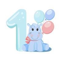 Cute baby boy hippo. Birthday invitation. 1 year, 1 month. Happy birthday. vector