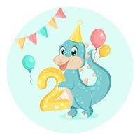 Cute baby dinosaur. Birthday invitation. two years, two months. Happy birthday card. vector
