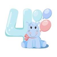 Cute baby boy hippo. Birthday invitation. Four years, four months. Happy birthday. vector