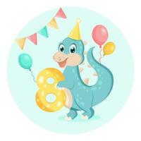 lindo bebé dinosaurio. invitación de cumpleaños. ocho años, ocho meses. tarjeta de felicitación de feliz cumpleaños. vector