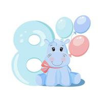 ute baby boy hippo. Birthday invitation. Eight years, eight months. Happy birthday vector