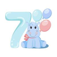 Cute baby boy hippo. Birthday invitation. Seven years, seven months. Happy birthday. vector