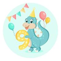 lindo bebé dinosaurio. invitación de cumpleaños. nueve años, nueve meses. tarjeta de felicitación de feliz cumpleaños. vector