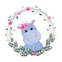 linda caricatura de hipopótamo entre flores, mariposas. camisetas impresas, diseño de moda de ropa de bebé, tarjeta de invitación de ducha de bebé. vector