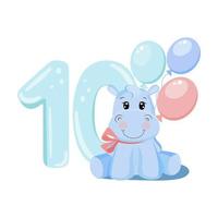 Cute baby girl hippo. Birthday invitation. Ten years, ten months. Happy birthday vector