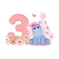 linda niña hipopótamo. invitación de cumpleaños. tres años, tres meses. feliz cumpleaños. vector