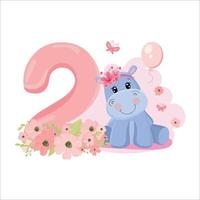 Cute baby girl hippo. Birthday invitation. Two years, 2 months. Happy birthday. vector