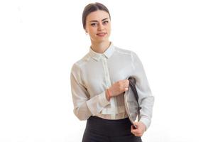 girl waitress with a tray in the hands smiling photo