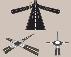 cruce de carreteras, conjunto de objetos sólidos para el mapa de viaje por carretera, carreteras isométricas y elementos vectoriales de carretera para la creación de mapas de ciudades vector