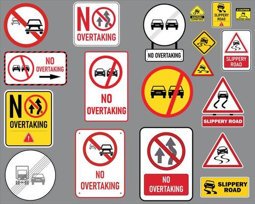 slippery road and no over taking, vector sign