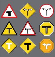 Vector illustration of crossroads traffic sign set. Red triangle warning road signs with various types of cross roads. Staggered junction ahead, T junction ahead and side road ahead.