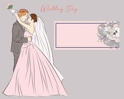 The bride in pink and the groom in gray suit kiss each other and hug for their wedding ceremony. accompanied by an example of a pink invitation card vector