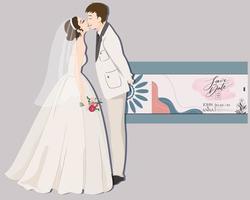 Bride in white dress and groom in white suits kissing each other for their wedding ceremony invitation card couple vector characters on gray background. accompanied by a sample invitation card