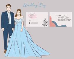 The bride in blue and the groom in dark blue suit join hands for their wedding ceremony. accompanied by an example of a pink invitation card vector