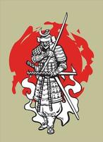 soldado samurái japonés en la ilustración. vector de arte samurái. Samurai con una katana en sus manos, contra el sol rojo, se agachó en una postura baja, listo para la batalla. 2d ilustración.