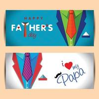 Father's Day poster or banner template with necktie on blue background. Greetings and presents for Father's Day in flat lay styling. Promotion and shopping template for love dad vector
