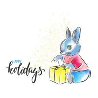 Bunny opens a gift, watercolor illustration, happy holidays, handwritten quote vector