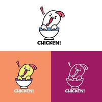 pollo divertido en un conjunto de logotipo de dibujos animados de tazón vector