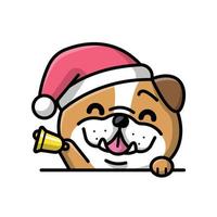 un lindo bulldog con sombrero de santa está sosteniendo una ilustración de dibujos animados de campana vector